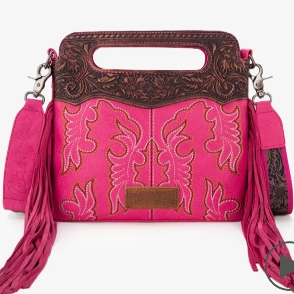 Wrangler Pink Embroidered Fringe Shoulder Bag with Carved Brown Trim